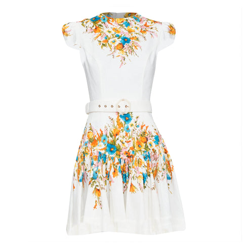Women's Zimmermann Estelle White Multicolor Floral Belted Mini Dress