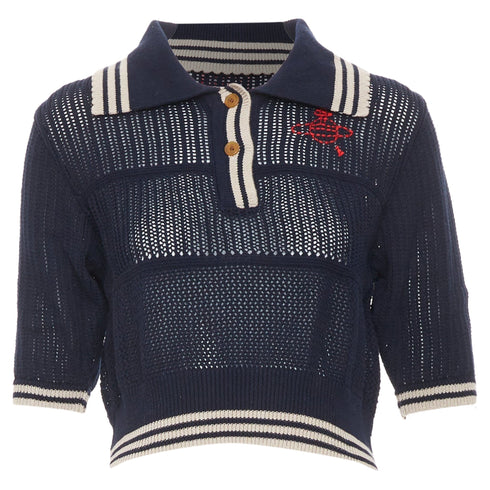 Women's Vivienne Westwood Blue Open Stitch Embroidered Orb Polo Top