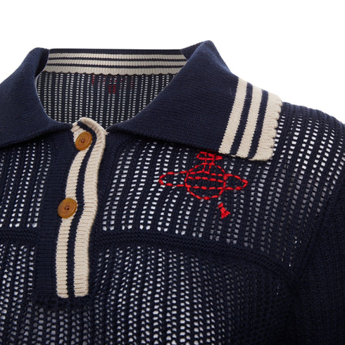 Women's Vivienne Westwood Blue Open Stitch Embroidered Orb Polo Top