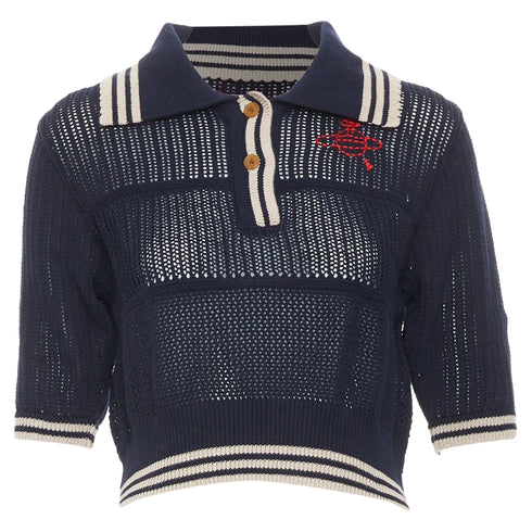 Women's Vivienne Westwood Blue Open Stitch Embroidered Orb Polo Top