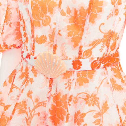 Women's Zimmermann Postcard Orange Silk Floral Puff Sleeve Dress