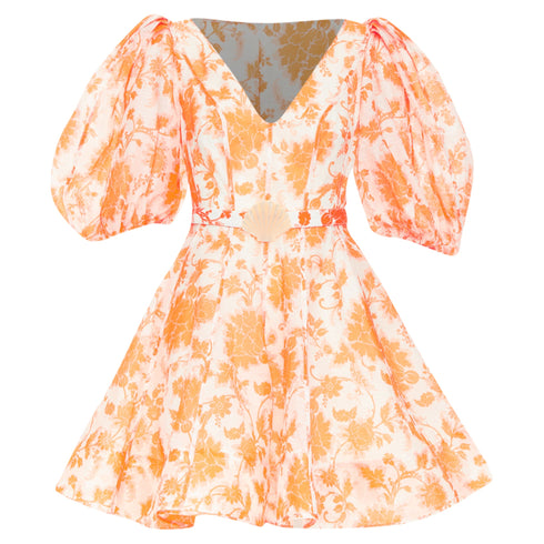 Women's Zimmermann Postcard Orange Silk Floral Puff Sleeve Dress