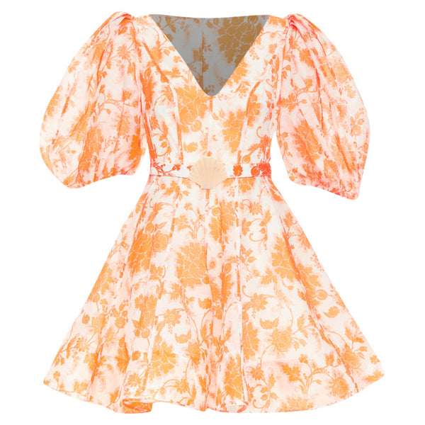 Women's Zimmermann Postcard Orange Silk Floral Puff Sleeve Dress