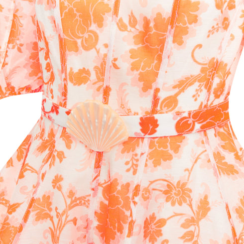 Women's Zimmermann Postcard Orange Silk Floral Puff Sleeve Dress