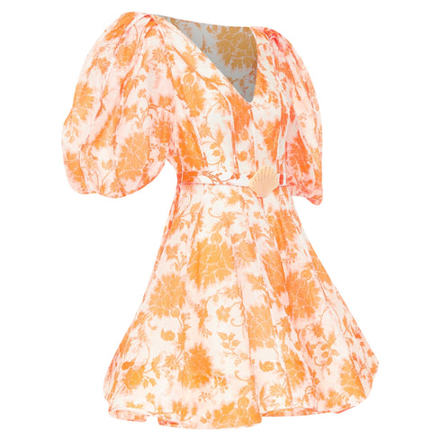 Women's Zimmermann Postcard Orange Silk Floral Puff Sleeve Dress