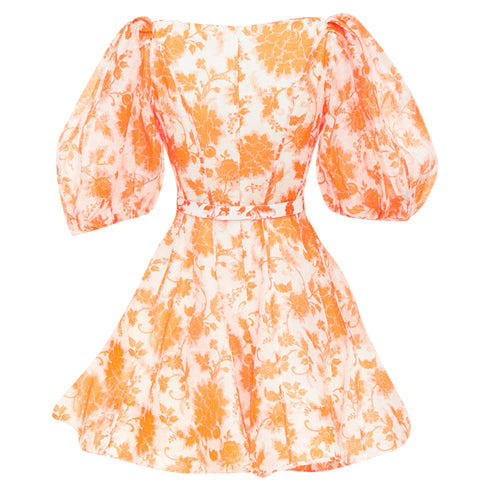 Women's Zimmermann Postcard Orange Silk Floral Puff Sleeve Dress