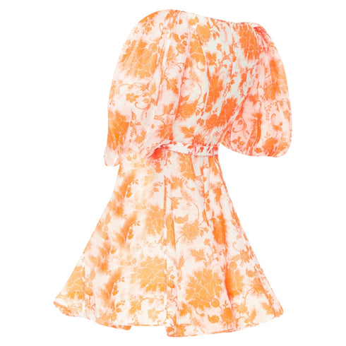 Women's Zimmermann Postcard Orange Silk Floral Puff Sleeve Dress