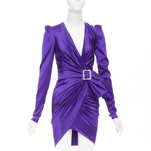 Women's Alexandre Vauthier Purple Silk Satin Crystal Buckle Dress