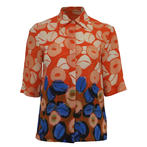 Women's Dries Van Noten Floral-Print Short Sleeve Blouse in Multicolor Polyester