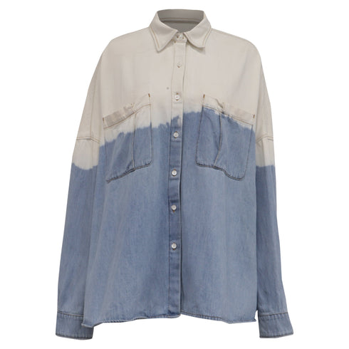 Women's Dries Van Noten Tie-Dyed Button-Down Denim Shirt in Multicolor Cotton