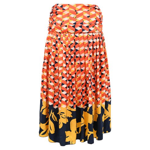 Women's Dries Van Noten Printed Pleated Midi Skirt in Multicolor Silk