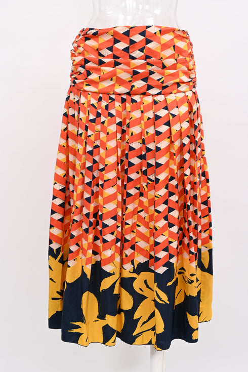 Women's Dries Van Noten Printed Pleated Midi Skirt in Multicolor Silk