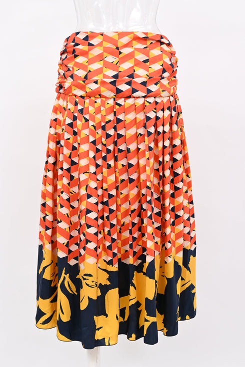 Women's Dries Van Noten Printed Pleated Midi Skirt in Multicolor Silk