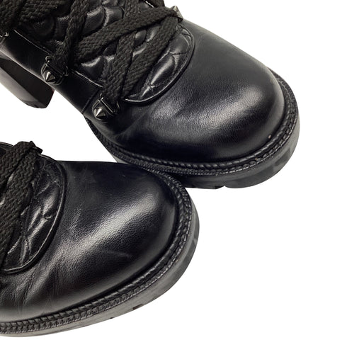 Women's Christian Louboutin Mad 70 Lace-Up Block-Heel Combat Boots in Black Leather