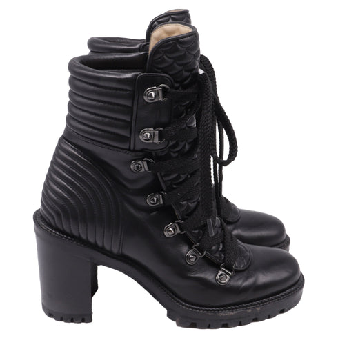 Women's Christian Louboutin Mad 70 Lace-Up Block-Heel Combat Boots in Black Leather