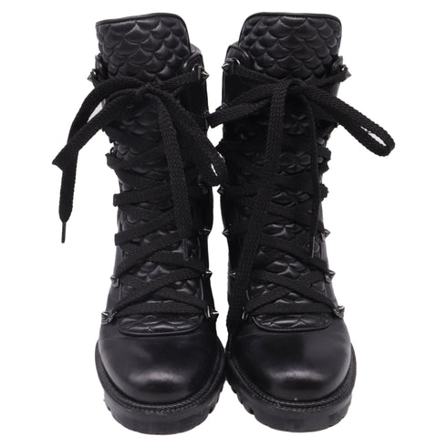 Women's Christian Louboutin Mad 70 Lace-Up Block-Heel Combat Boots in Black Leather