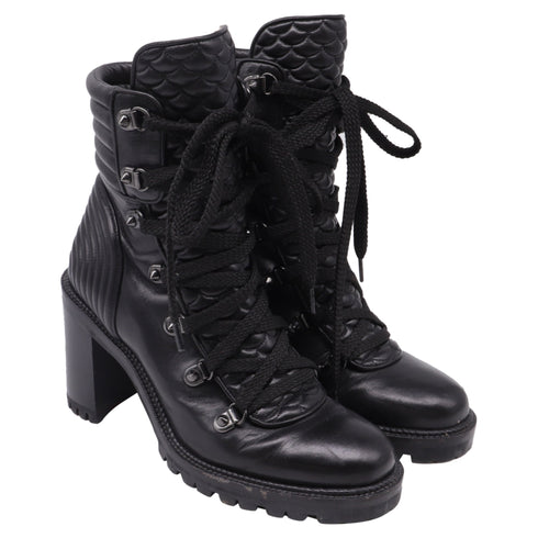 Women's Christian Louboutin Mad 70 Lace-Up Block-Heel Combat Boots in Black Leather