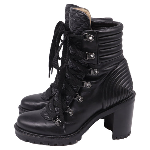 Women's Christian Louboutin Mad 70 Lace-Up Block-Heel Combat Boots in Black Leather