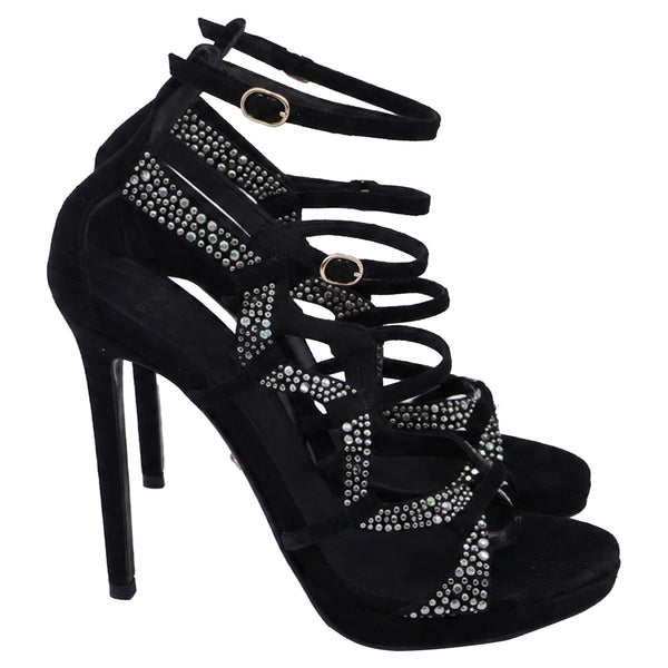 Women's Versace Crystal Embellished Gladiator Sandals in Black Suede