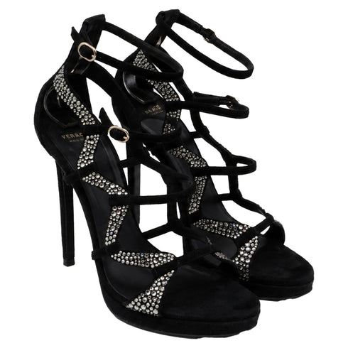 Women's Versace Crystal Embellished Gladiator Sandals in Black Suede
