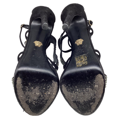 Women's Versace Crystal Embellished Gladiator Sandals in Black Suede