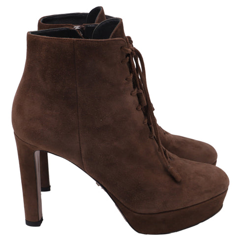 Women's Prada Lace Up Boots in Brown Suede