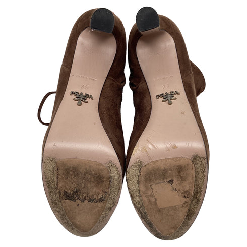 Women's Prada Lace Up Boots in Brown Suede