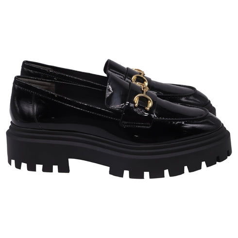 Women's Stuart Weitzman Owen Buckled Lug Loafers in Black Patent Leather