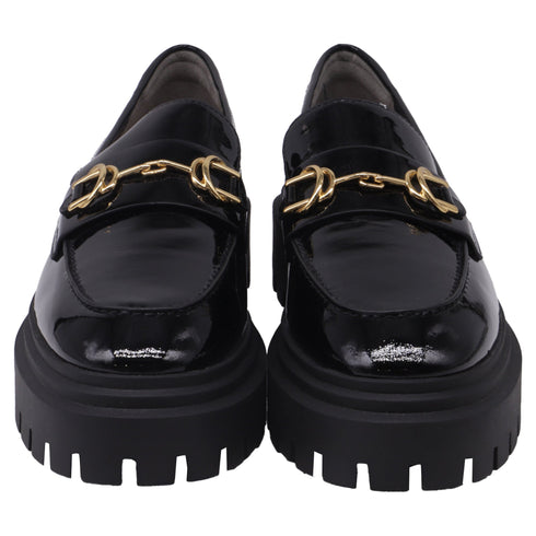 Women's Stuart Weitzman Owen Buckled Lug Loafers in Black Patent Leather