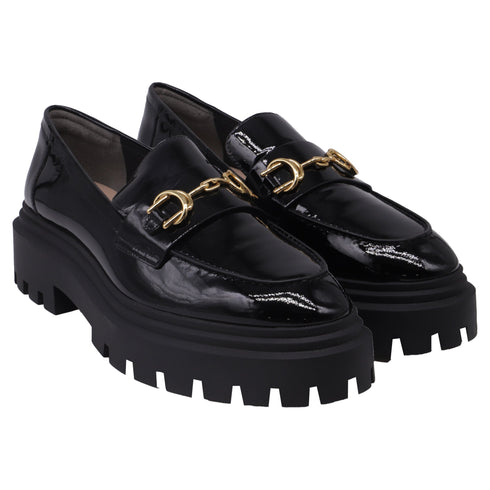 Women's Stuart Weitzman Owen Buckled Lug Loafers in Black Patent Leather