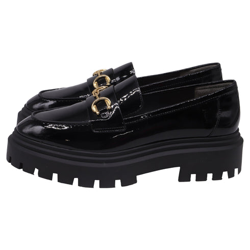 Women's Stuart Weitzman Owen Buckled Lug Loafers in Black Patent Leather