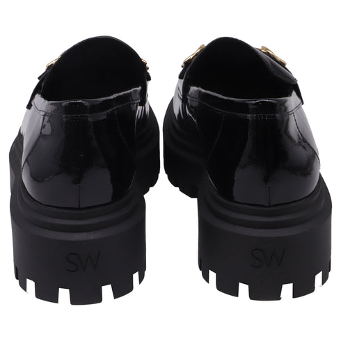 Women's Stuart Weitzman Owen Buckled Lug Loafers in Black Patent Leather