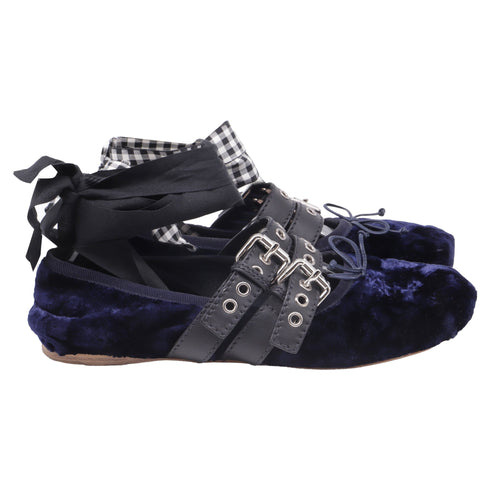Women's Miu Miu Double-Buckled Self-Tie Ballet Flats in Navy Blue Velvet