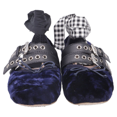 Women's Miu Miu Double-Buckled Self-Tie Ballet Flats in Navy Blue Velvet