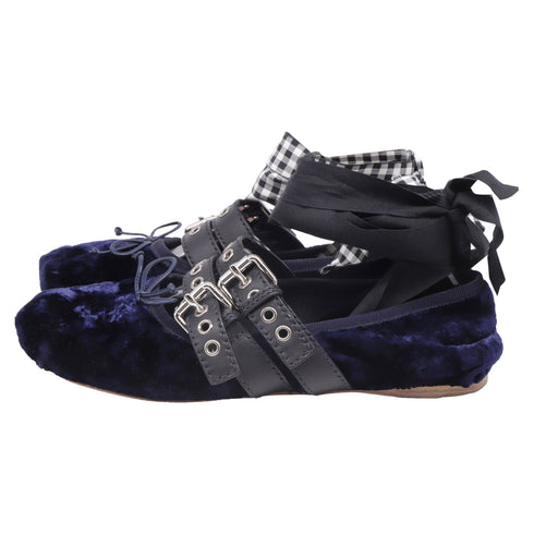 Women's Miu Miu Double-Buckled Self-Tie Ballet Flats in Navy Blue Velvet
