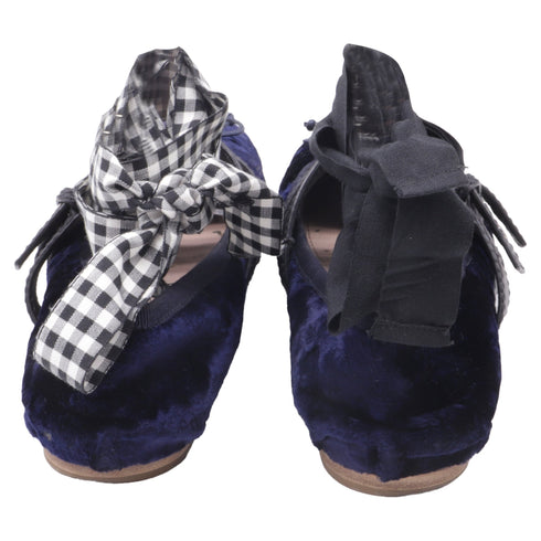 Women's Miu Miu Double-Buckled Self-Tie Ballet Flats in Navy Blue Velvet