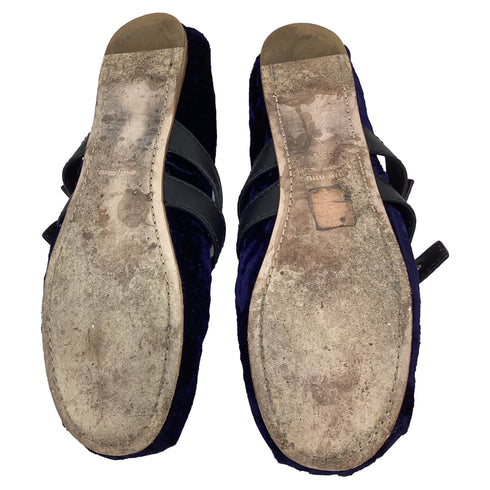 Women's Miu Miu Double-Buckled Self-Tie Ballet Flats in Navy Blue Velvet