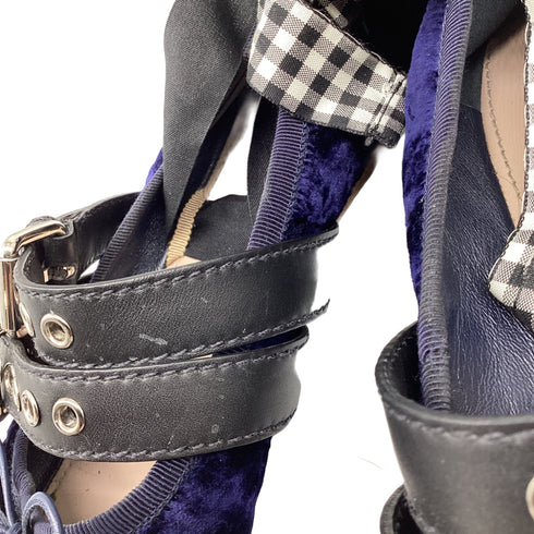 Women's Miu Miu Double-Buckled Self-Tie Ballet Flats in Navy Blue Velvet