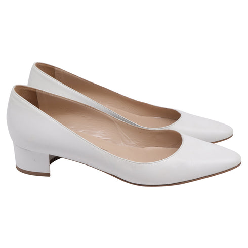 Women's Manolo Blahnik Pointed-Toe Low-heeled Pumps in White Leather