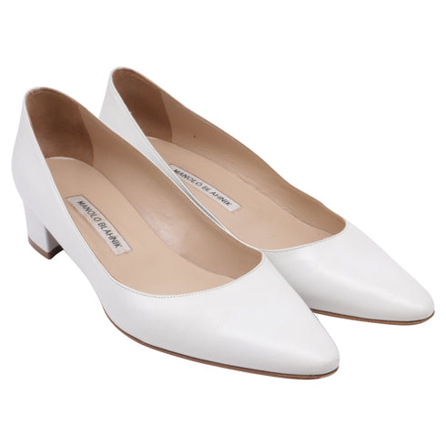 Women's Manolo Blahnik Pointed-Toe Low-heeled Pumps in White Leather