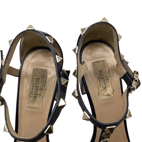 Women's Valentino Garavani Rockstud T-Strap Sandal Heels in Black Leather