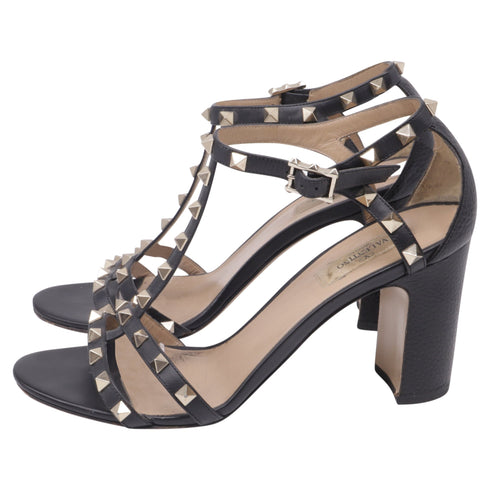 Women's Valentino Garavani Rockstud T-Strap Sandal Heels in Black Leather