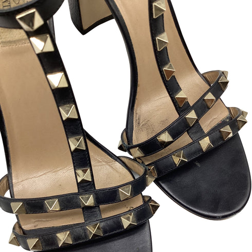 Women's Valentino Garavani Rockstud T-Strap Sandal Heels in Black Leather