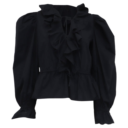 Women's Ulla Johnson Ruffled Collar Blouse in Black Cotton