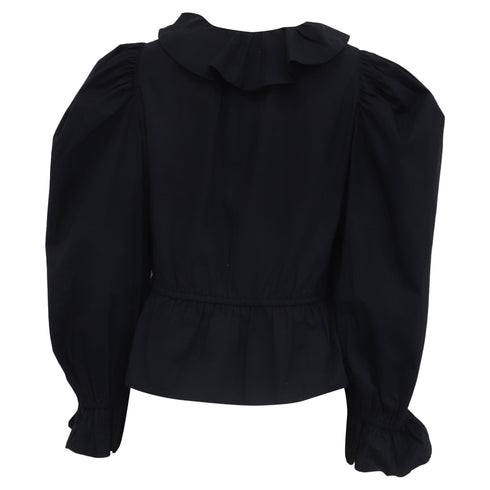 Women's Ulla Johnson Ruffled Collar Blouse in Black Cotton