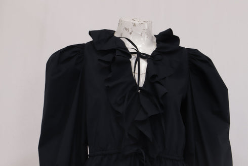 Women's Ulla Johnson Ruffled Collar Blouse in Black Cotton
