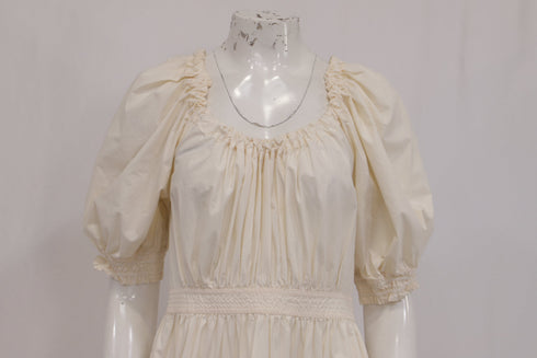 Women's Ulla Johnson Puffed-Sleeve Midi Tiered Dress in Cream Cotton