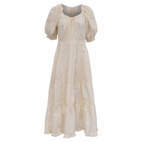 Women's Ulla Johnson Puffed-Sleeve Midi Tiered Dress in Cream Cotton