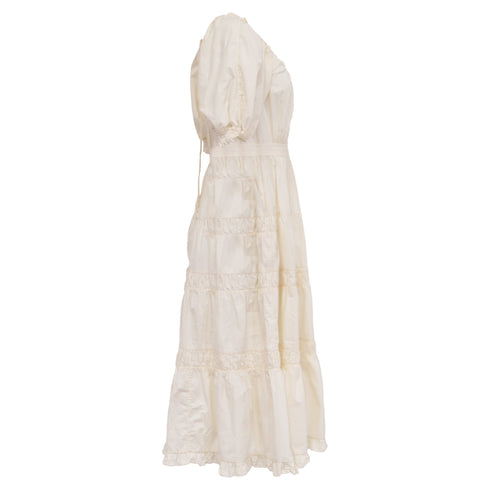 Women's Ulla Johnson Puffed-Sleeve Midi Tiered Dress in Cream Cotton