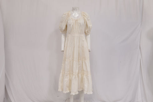 Women's Ulla Johnson Puffed-Sleeve Midi Tiered Dress in Cream Cotton
